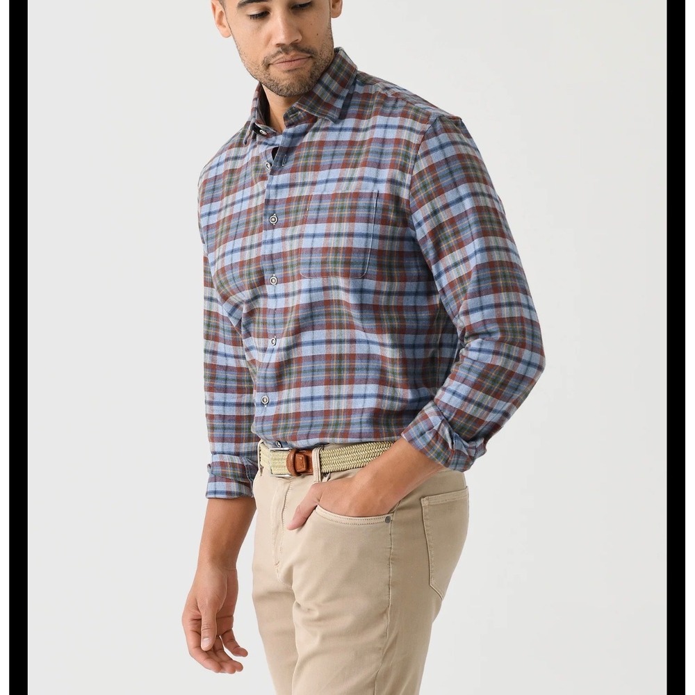 johnnie-O Performance Bronwen Shirt Lg Blue Brown Plaid Long Sleeve Button Down